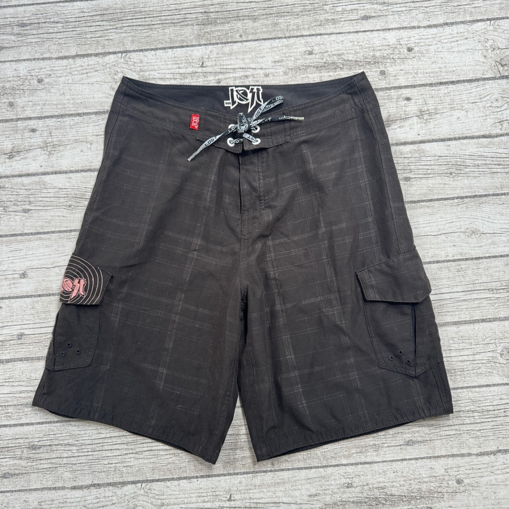 Lost Enterprises Board Shorts Mens 34 Black Plaid Cargo Lightweight Surfer Beach